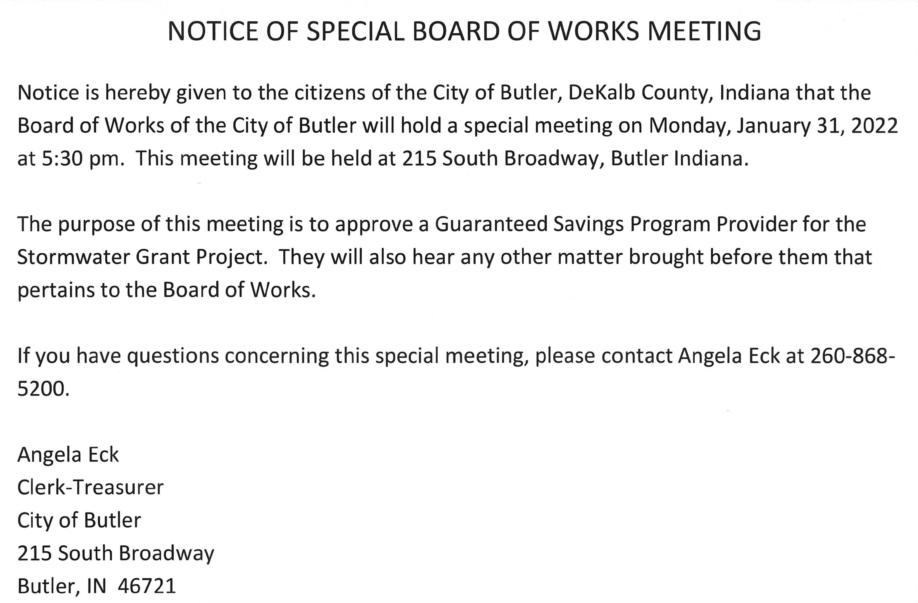 Notice of Special Board of Works Meeting - 1-31-2022